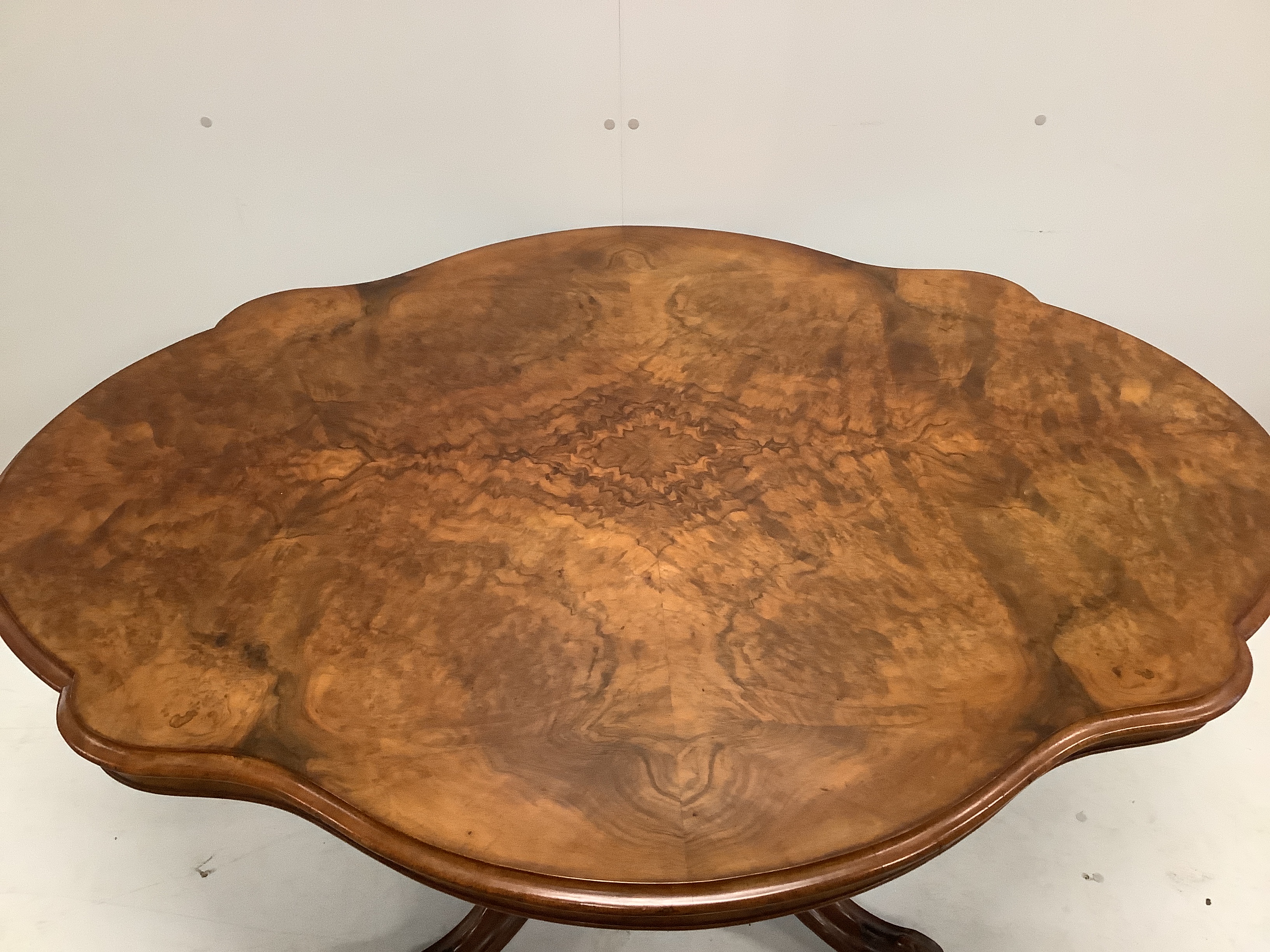 A Victorian burr walnut shaped oval tilt top loo table with quarter veneered top, width 146cm, depth 110cm, height 74cm